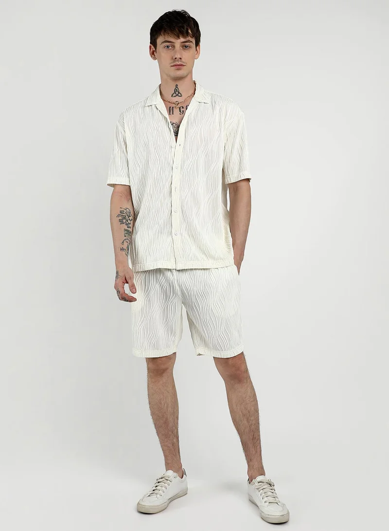 CAHOOT  Men's Ivory White Self-Design Wave Co-Ord Set For Casual Wear | Cuban Collar | Short Sleeve | Button Closure | Co-Ords Crafted With Comfort Fit For Everyday Wear for Men | Best Price UAE